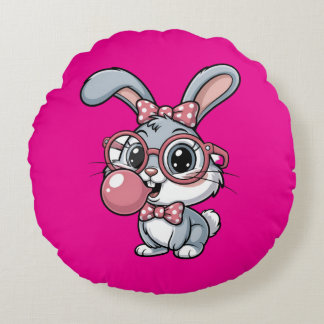 Coussins Ronds Cute Bunny with Glasses Blowing Bubble Gum