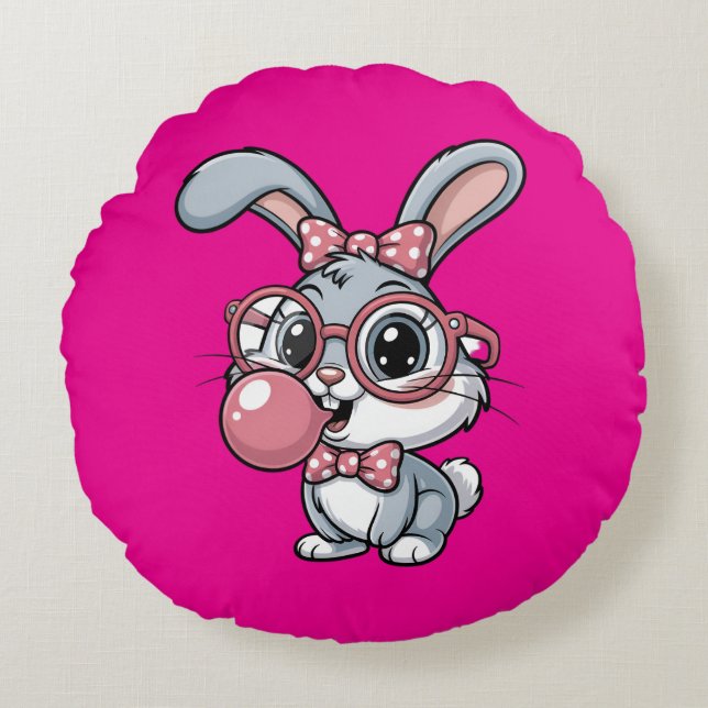 Coussins Ronds Cute Bunny with Glasses Blowing Bubble Gum (Devant)