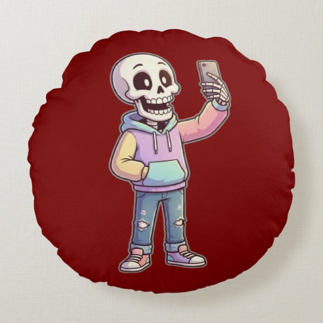Coussins Ronds Cute Cartoon Skeleton Selfie - Full Body Trendy  (Devant)