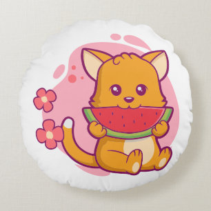 Coussins Ronds Cute Chat Manger Watermelon Kawaii