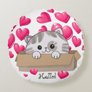 Coussins Ronds Cute chaton dans une boîte et les coeurs roses