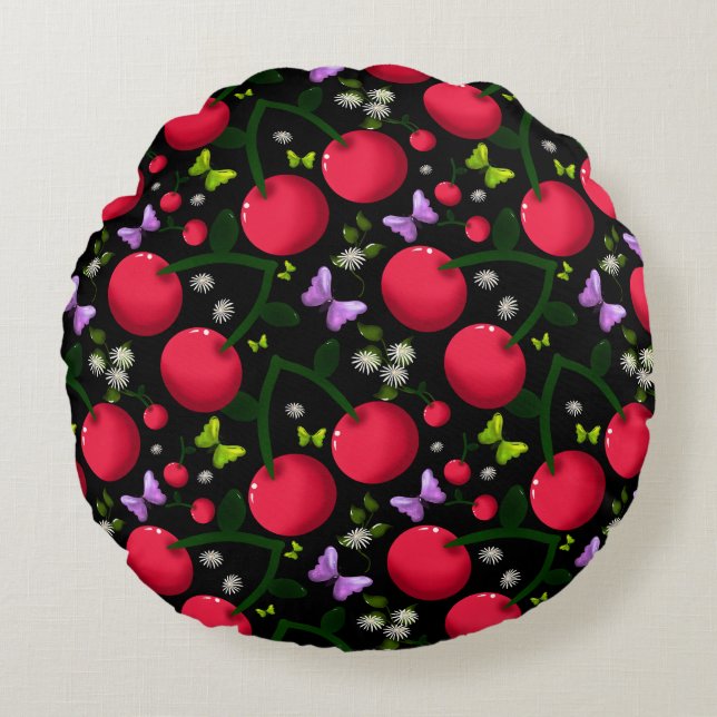 Coussins Ronds Cute Cherry Butterfly Pattern, Glossy Kawaii Fruit (Devant)