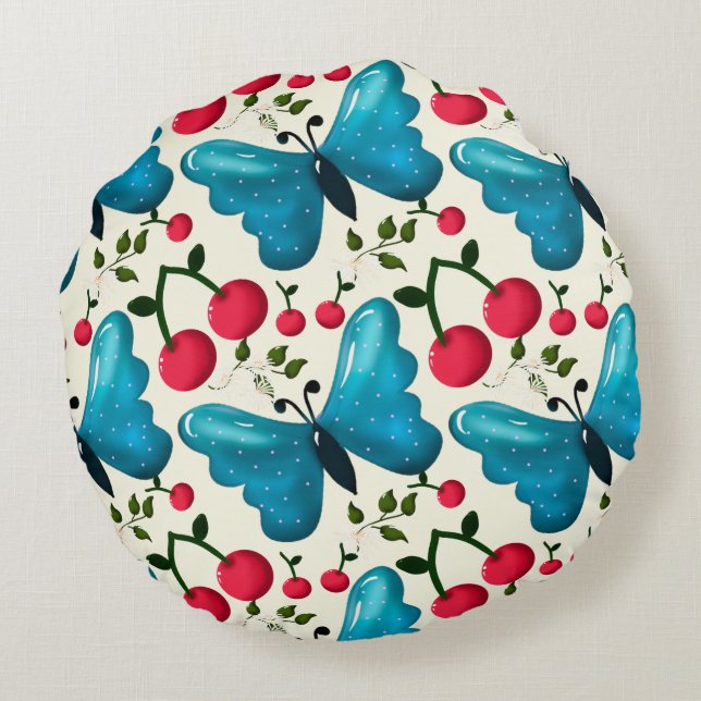 Coussins Ronds Cute Cherry Butterfly Pattern, Glossy Kawaii Fruit (Dos)