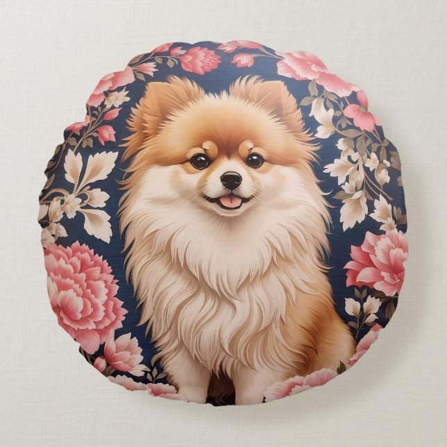 Coussins Ronds Cute Chien Poméranien Rose Floral (Devant)