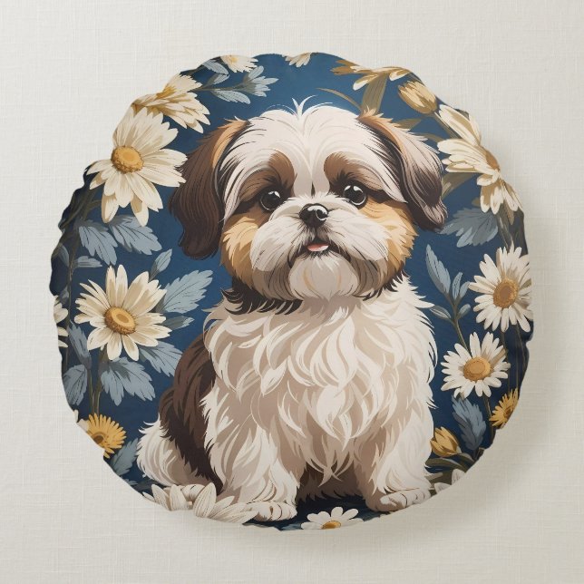 Coussins Ronds Cute Chih Tzu Chien Blanc Fleurs De Faisée (Devant)
