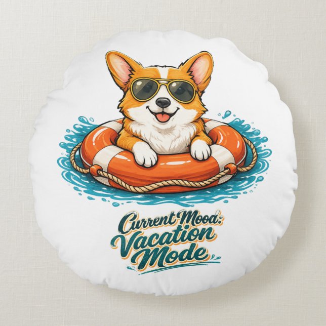 Coussins Ronds Cute Corgi "Vacation Mode" Summer Design (Devant)