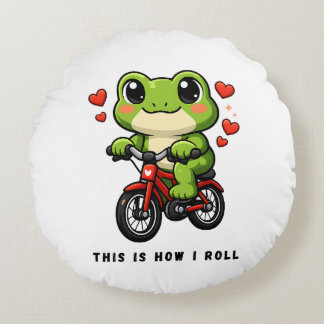 Coussins Ronds Cute Cycling Frog | Kawaii Frog Bicycle Art