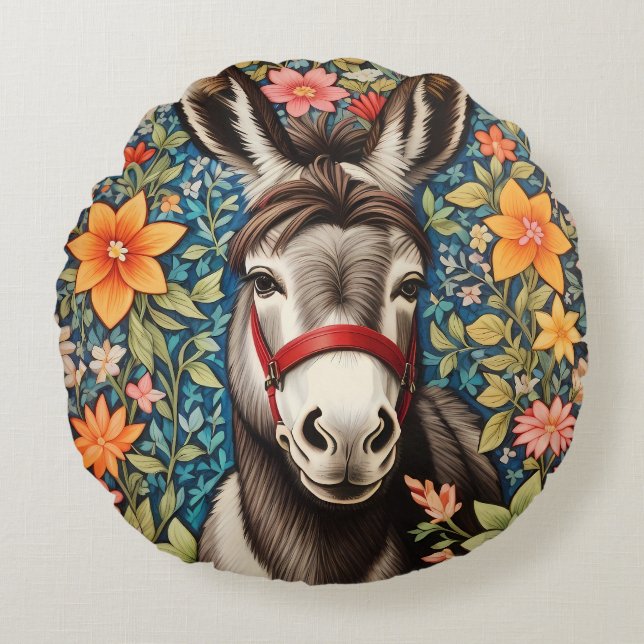Coussins Ronds Cute Donkey On Colorful Floral Background (Devant)