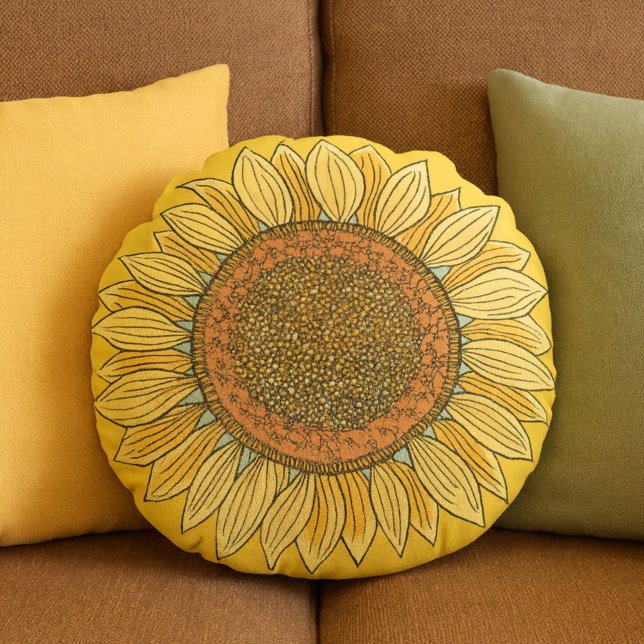 Coussins Ronds Cute Elegant Boho Farmhouse Yellow Sunflower Art (Créateur téléchargé)