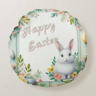 Coussins Ronds Cute, floral heureux lapin de Pâques