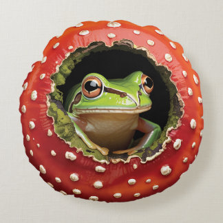 Coussins Ronds Cute Frog in Mushroom – Whimsical Cottagecore Frog