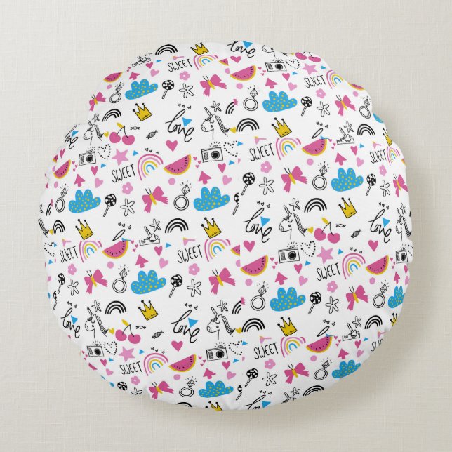Coussins Ronds Cute Girly Kids Unicorn Arc-en-ciel Papillons Coeu (Devant)
