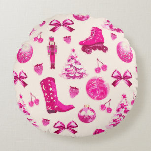 Coussins Ronds Cute Girly Preppy Motif de Noël rose