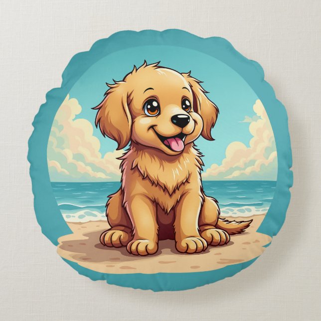 Coussins Ronds Cute Golden Puppy at Sunny Beach Scene (Devant)