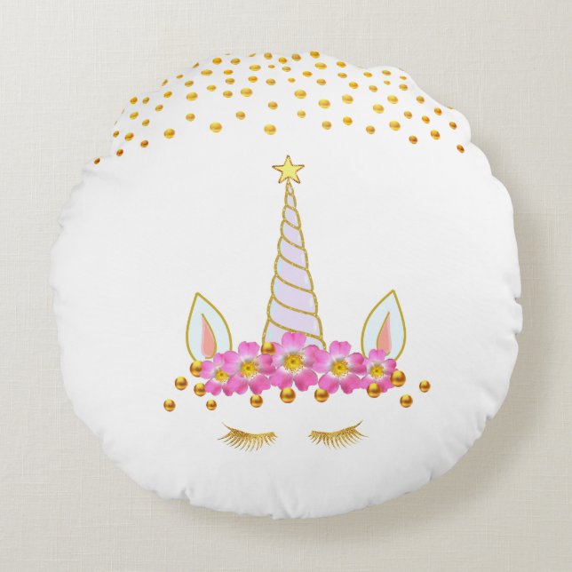 Coussins Ronds Cute Golden Unicorn, Fleurs & Gold Confetti (Devant)