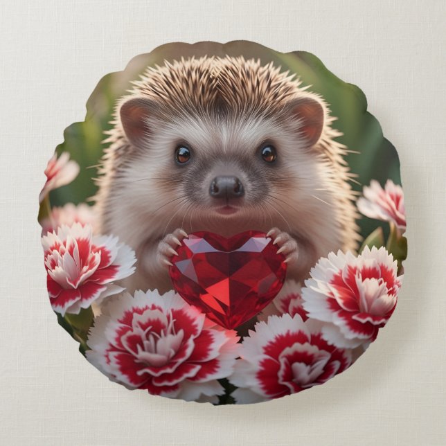 Coussins Ronds Cute January Hedgehog with Garnet Heart (Devant)