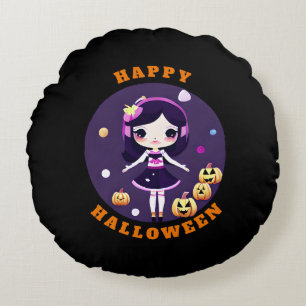 Coussins Ronds Cute Kawaii Girl en Halloween Citrouille