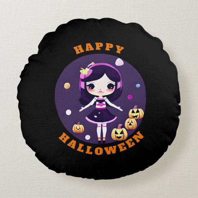 Coussins Ronds Cute Kawaii Girl en Halloween Citrouille (Devant)