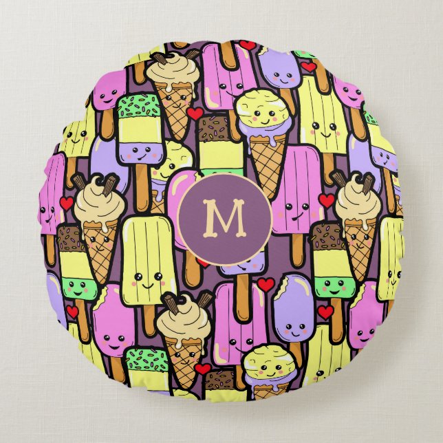 Coussins Ronds Cute Kawaii Popsicles d'été Monogram (Devant)