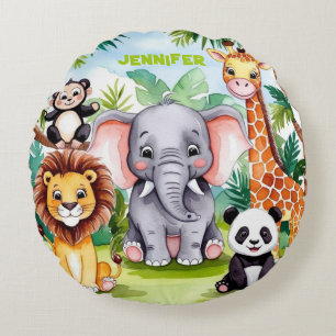 Coussins Ronds Cute Kids Safari Jungle Animaux Nom Personnalisé