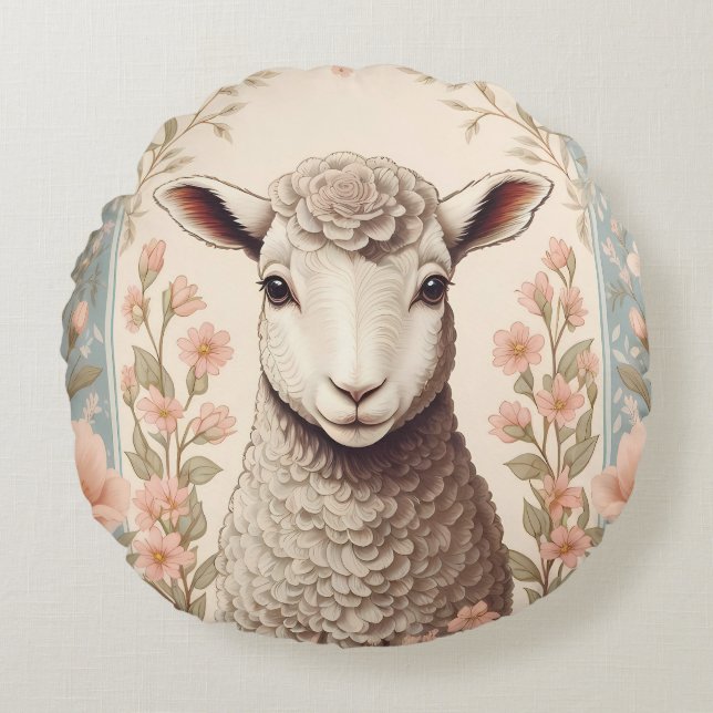 Coussins Ronds Cute Lamb Delicate Pastel Floral (Devant)