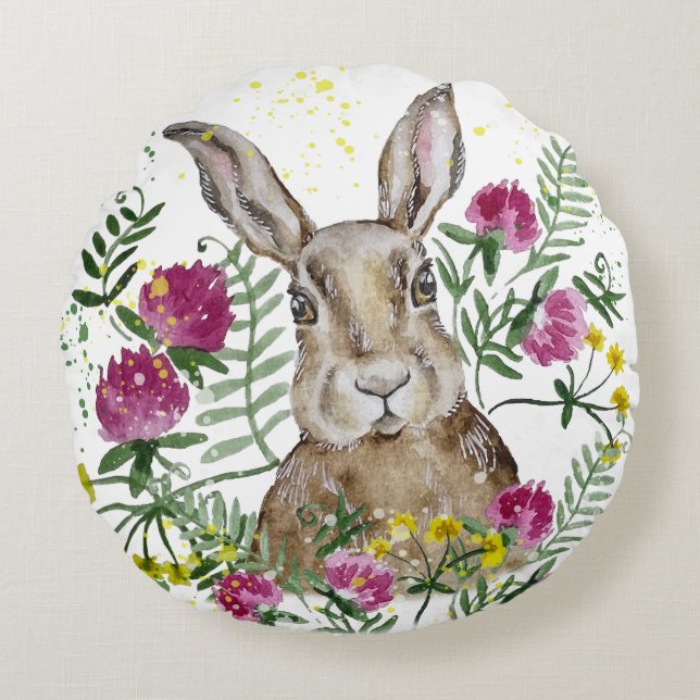 Coussins Ronds Cute lapin en fleurs d'aquarelle (Devant)