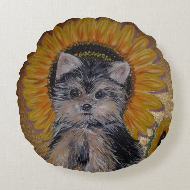 Coussins Ronds Cute Little Yorkie et Tournesols (Devant)