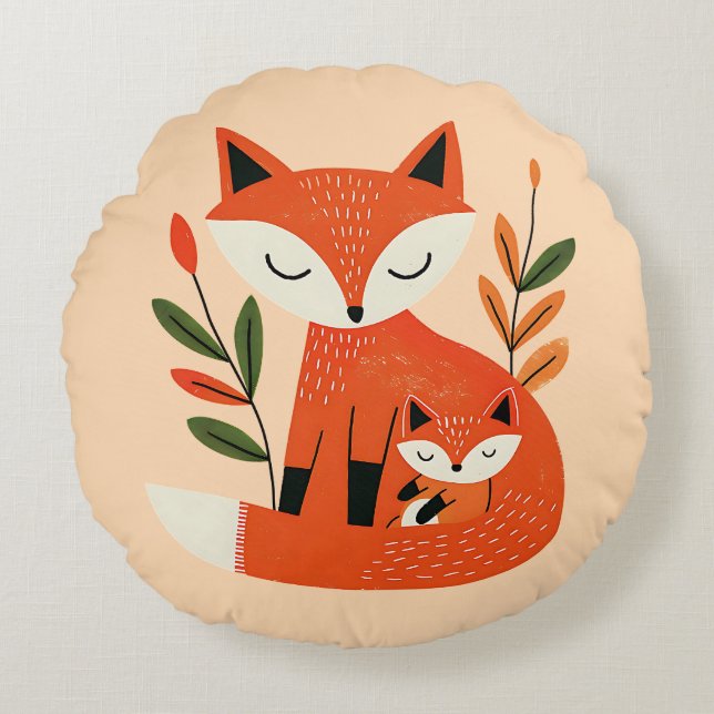 Coussins Ronds Cute Mama Fox& Baby Cub Whimsical Woodland Nursery (Devant)
