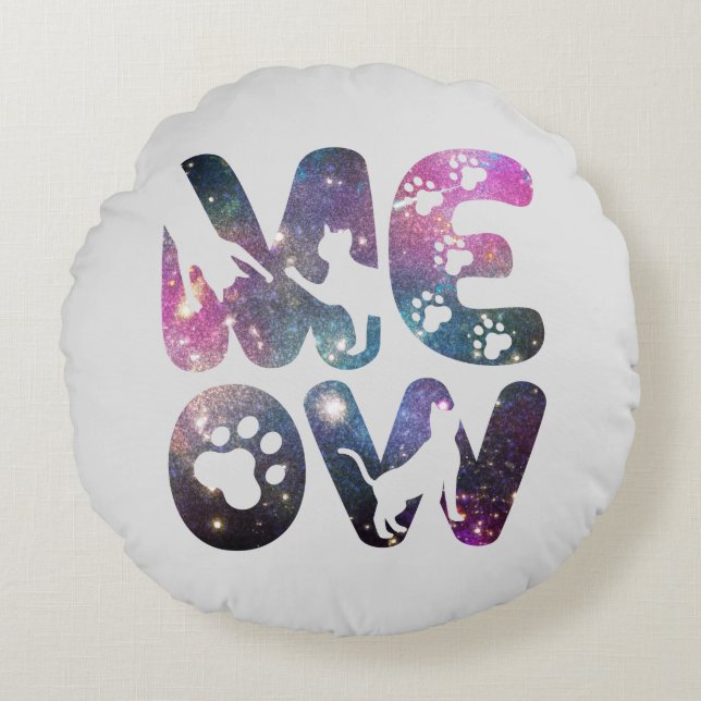 Coussins Ronds Cute Meow Chat Silhouettes et Empreintes de pattes (Devant)
