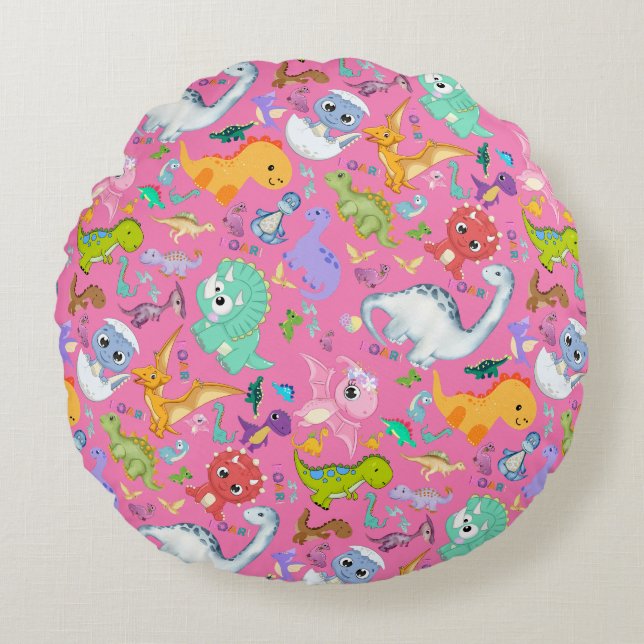 Coussins Ronds Cute Motif Dinosaur en rose | (Devant)