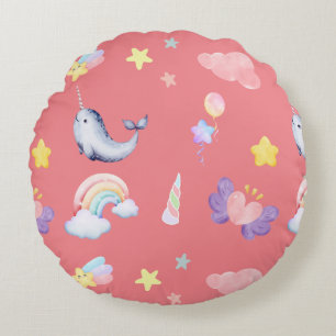 Coussins Ronds Cute Narwhal Fish Unicorn Rainbow Sea Anniversaire