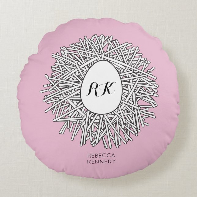 Coussins Ronds Cute Nid & Oeuf Initiales et nom personnalisés ros (Devant)