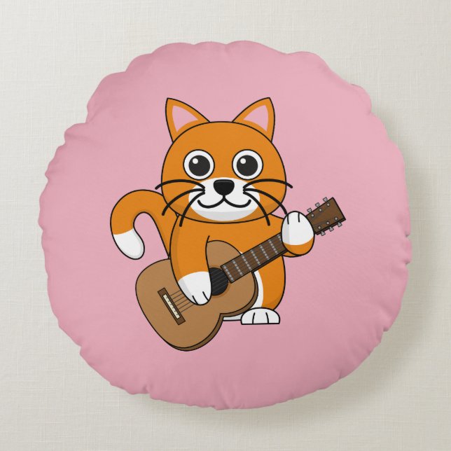 Coussins Ronds Cute Orange Chat Blanc Jouer Caricature Guitare (Devant)
