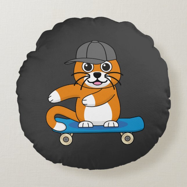 Coussins Ronds Cute Orange Chat sur Skateboard Cartoon (Devant)