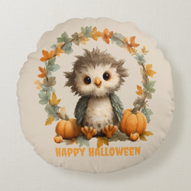 Coussins Ronds Cute Owl Citrouille Halloween design heureux (Devant)