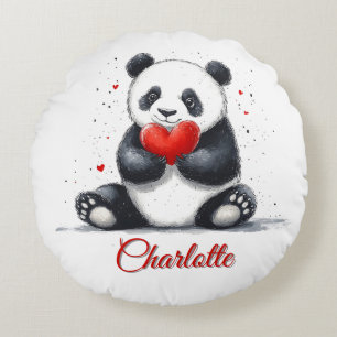 Coussins Ronds Cute Panda Holding Heart avec nom personnalisable