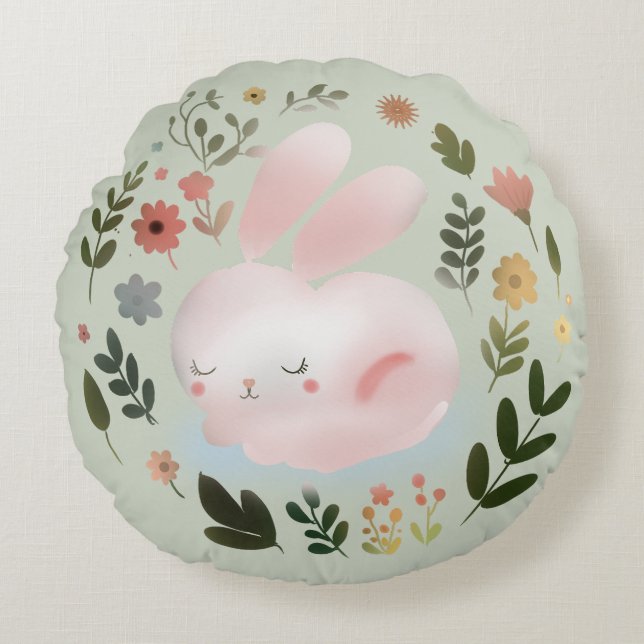 Coussins Ronds Cute Pastel Spring Bunny Floral Wreath Nursery Art (Devant)