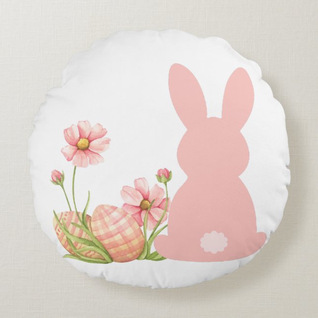 Coussins Ronds Cute Pink Easter Bunny with Spring Flowers  (Devant)