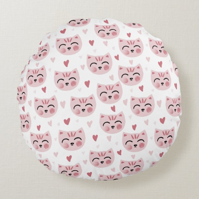 Coussins Ronds Cute Pink Kittens and Hearts Pattern for Kids (Devant)