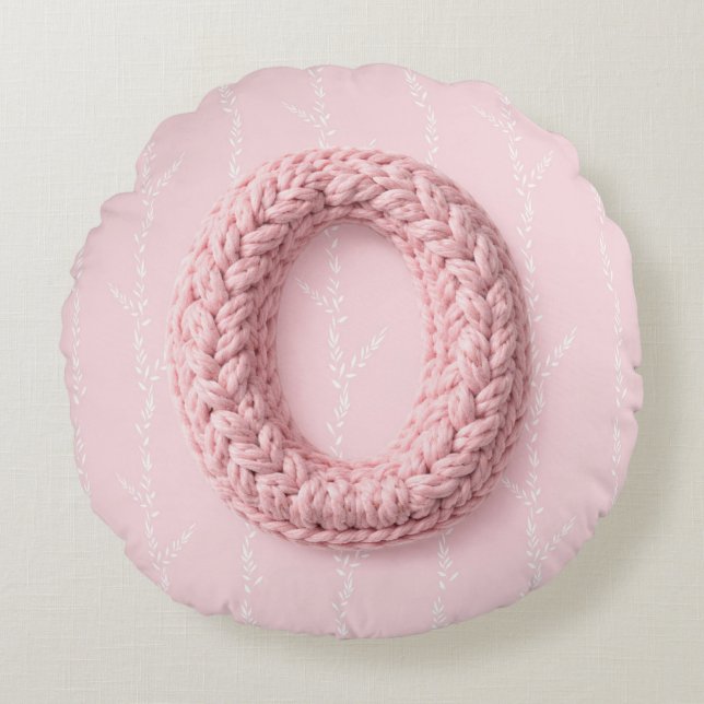 Coussins Ronds Cute pink O monogram initial crocheted letter boho (Devant)