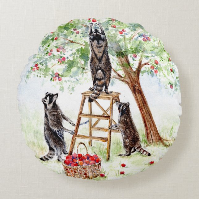 Coussins Ronds Cute Raccoons dans Apple Orchard (Devant)