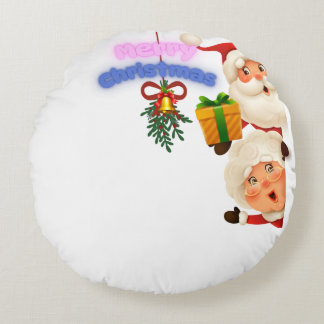 Coussins Ronds Cute Santa & Mrs. Claus Merry Christmas Greeting 