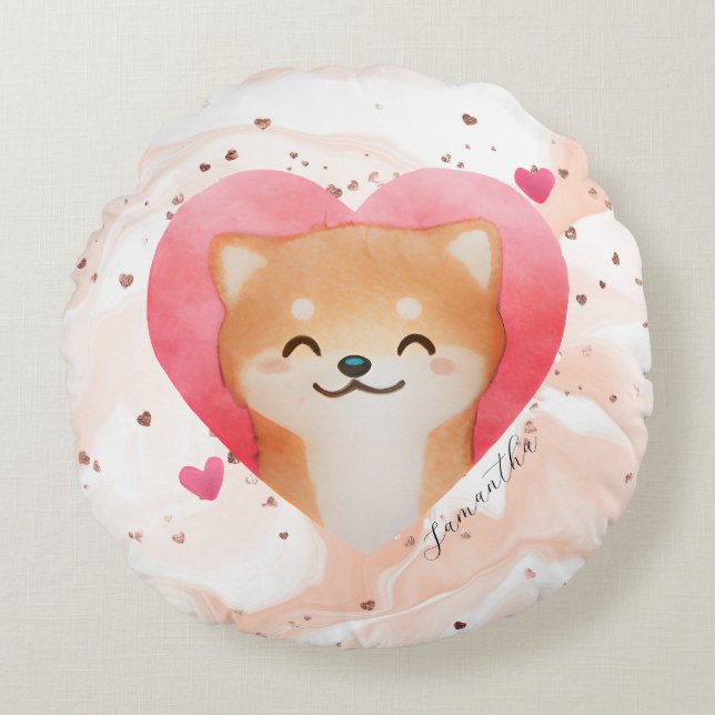 Coussins Ronds Cute Shiba Inu dans un coeur (Devant)