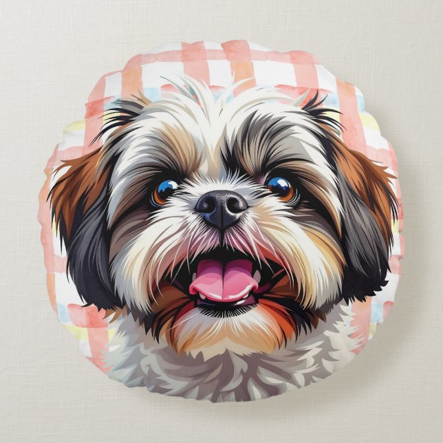 Coussins Ronds Cute Shih Tzu Rose Plaid (Devant)