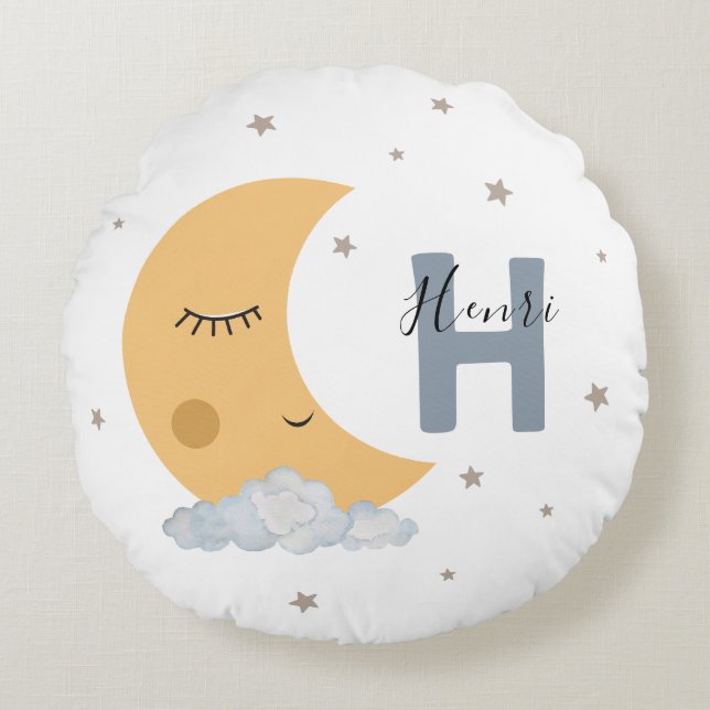 Coussins Ronds Cute Sleeping Moon Baby Room Pillow Name Initial (Devant)