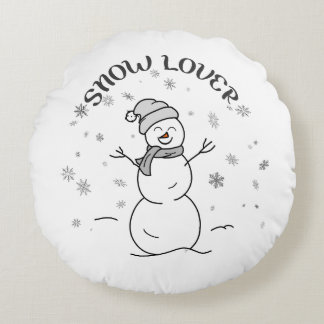 Coussins Ronds Cute Snowman SNOW LOVER Text Snowflakes Fun White 