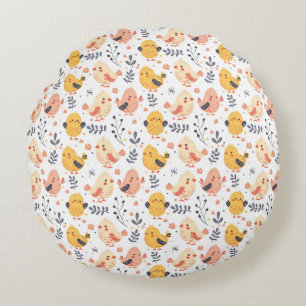 Coussins Ronds Cute Spring Chicks et modèle floral