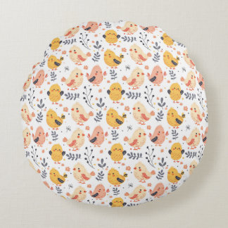 Coussins Ronds Cute Spring Chicks et modèle floral