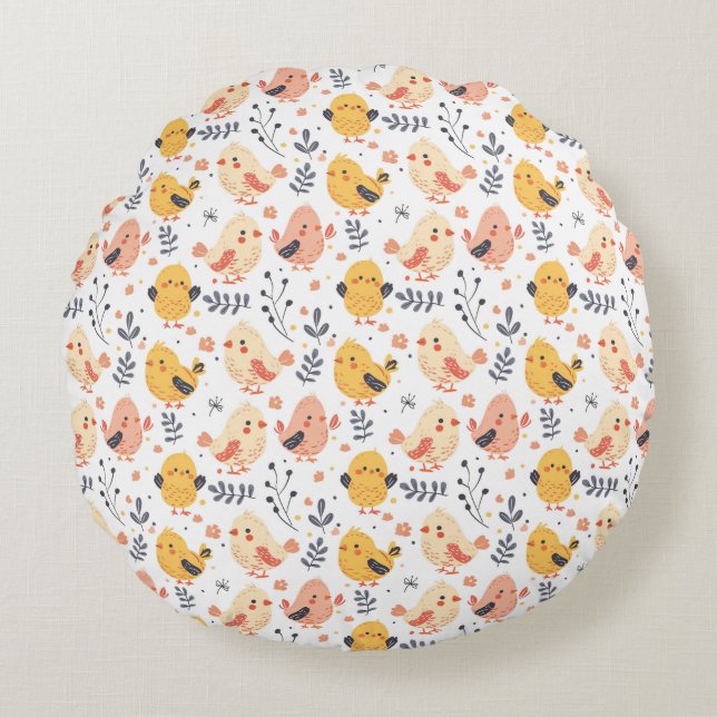 Coussins Ronds Cute Spring Chicks et modèle floral (Devant)
