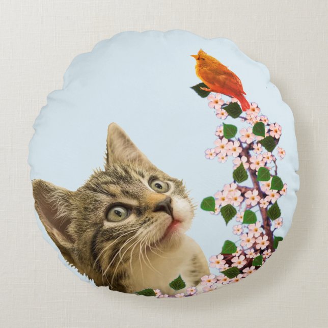 Coussins Ronds Cute Tabby Chat, Fleurs & Birdy sur Bleu clair (Devant)
